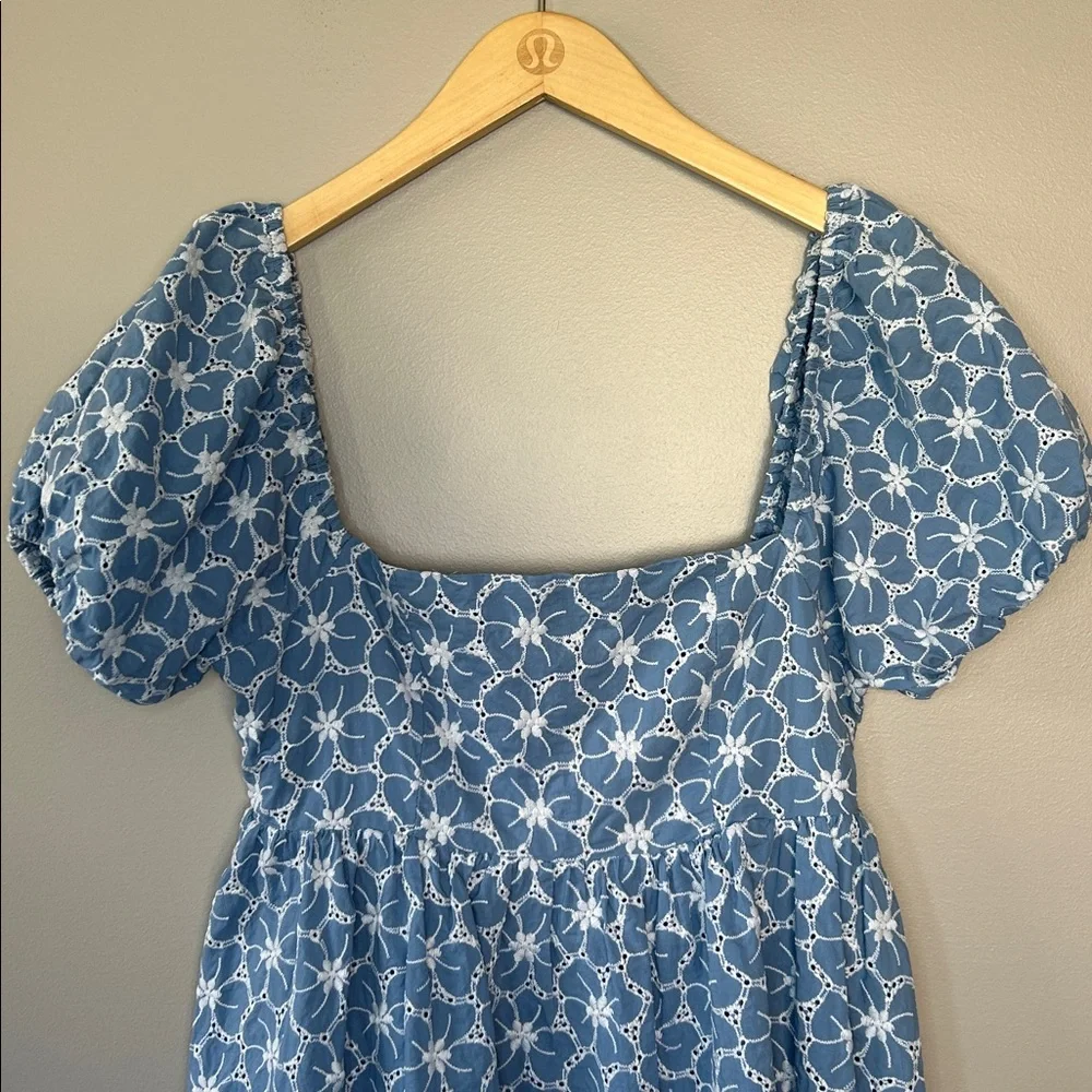 Lulus Fit to Frolic Blue Floral Eyelet Puff Sleeve‎ Babydoll Mini Dress Sz Small - Picture 4 of 12
